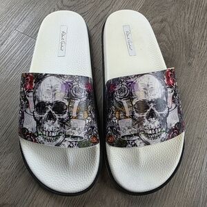 Robert Graham Whiterford Graphic Skull Leather Slides Size 9
